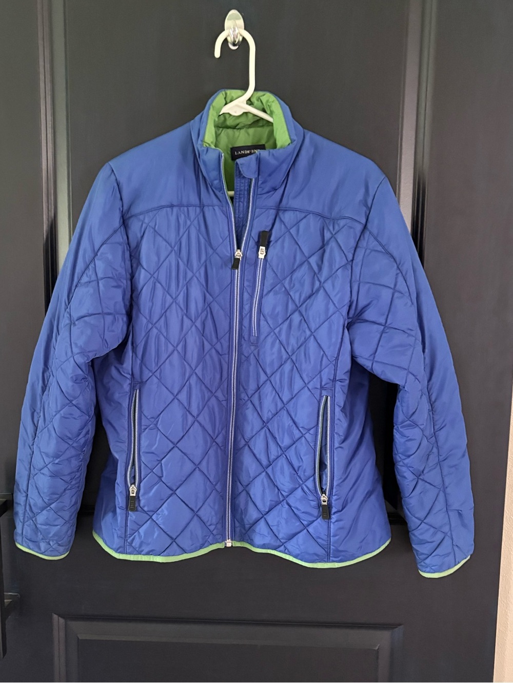 Lands' End Blue Quilted Puffer with Green Trim
